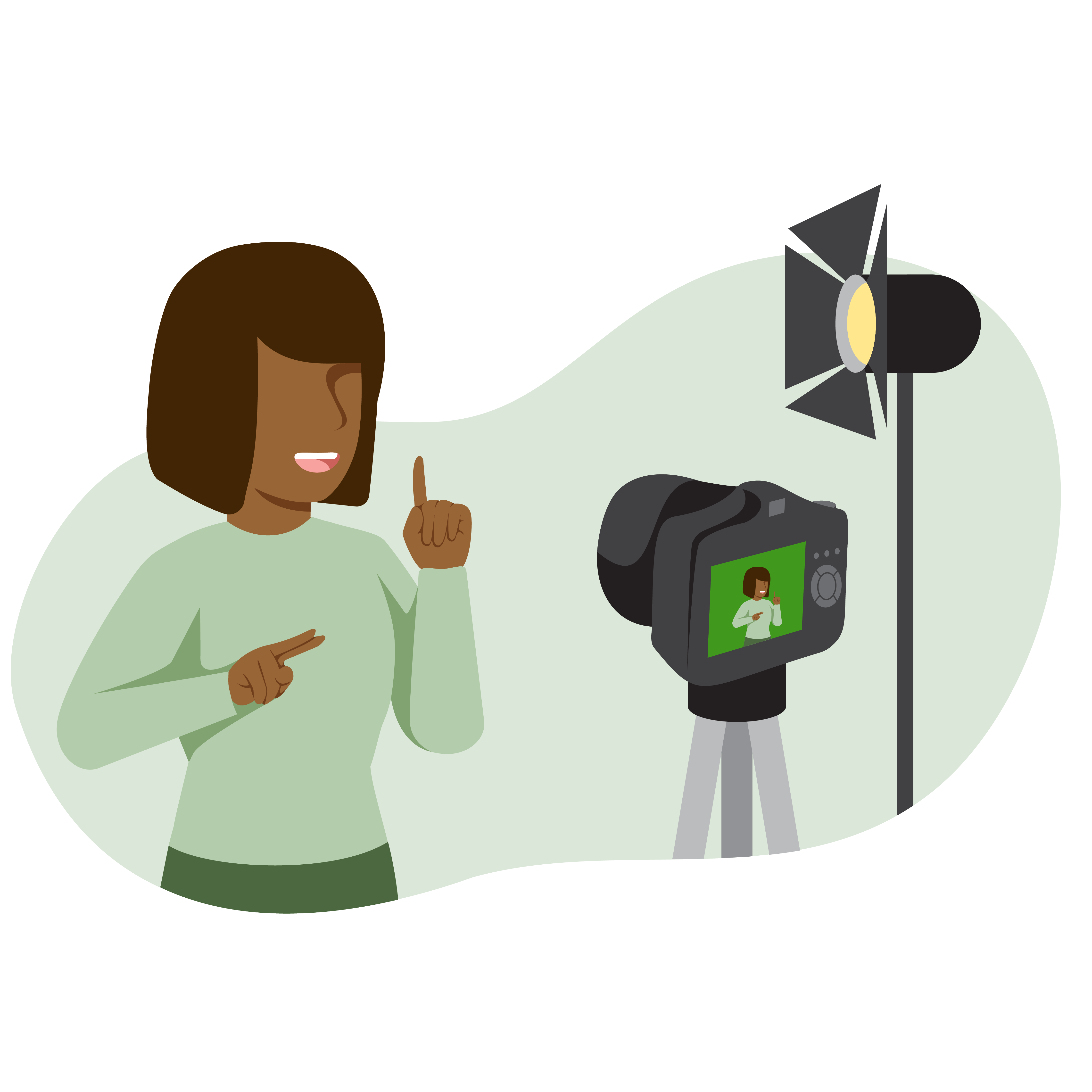 Illustration of a Black woman wearing green signing in front of a camera and light. The background is light sage green.